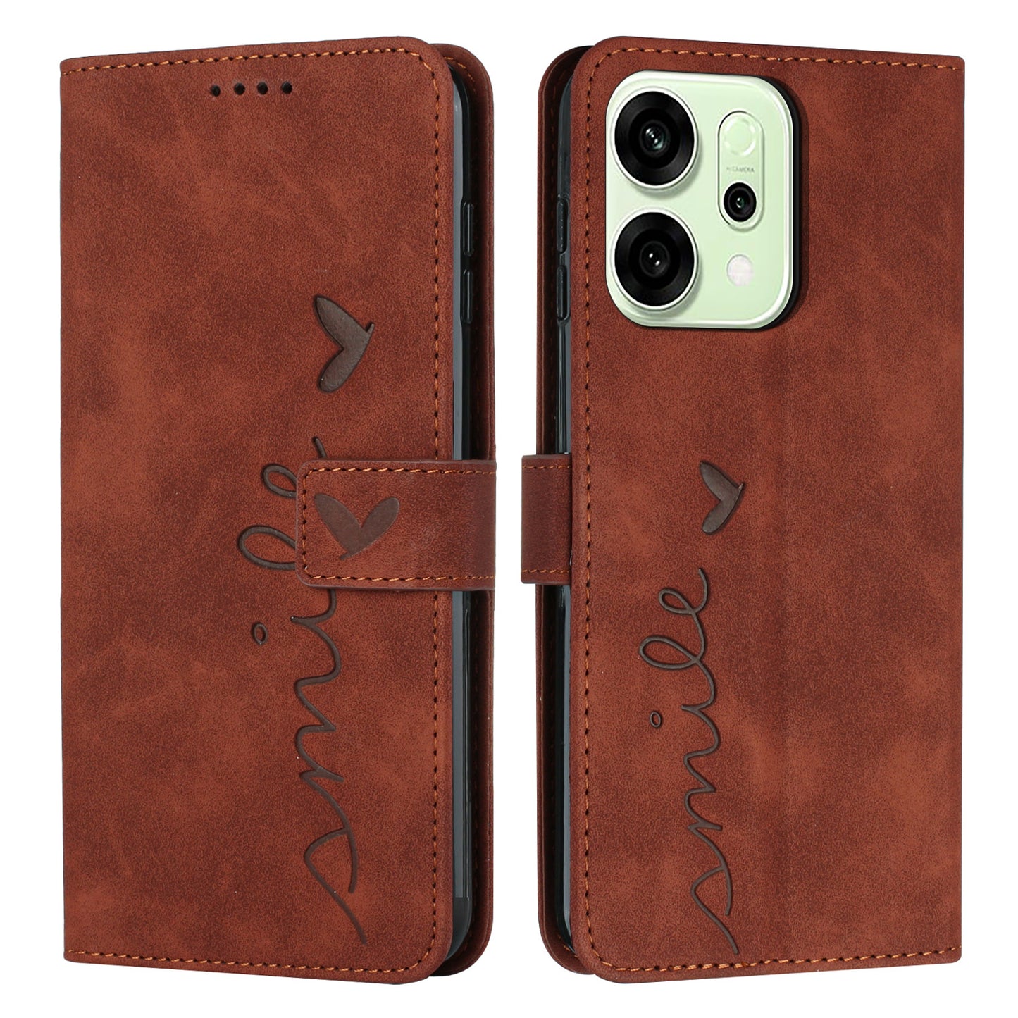 For Oppo Reno14 Pro 5G (China) / Oppo Reno14 Pro 5G (Global) Stand Case PU Leather Phone Cover Imprinted Heart Pattern - Brown