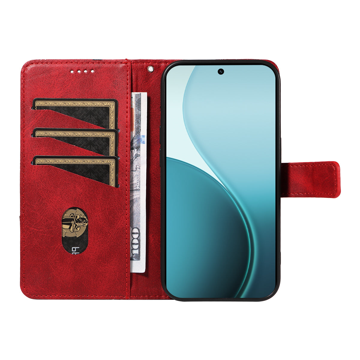 For Oppo Reno14 Pro 5G (China) / Oppo Reno14 Pro 5G (Global) Leather Case Geometric Line Design Wallet Phone Cover with Wrist Strap - Red