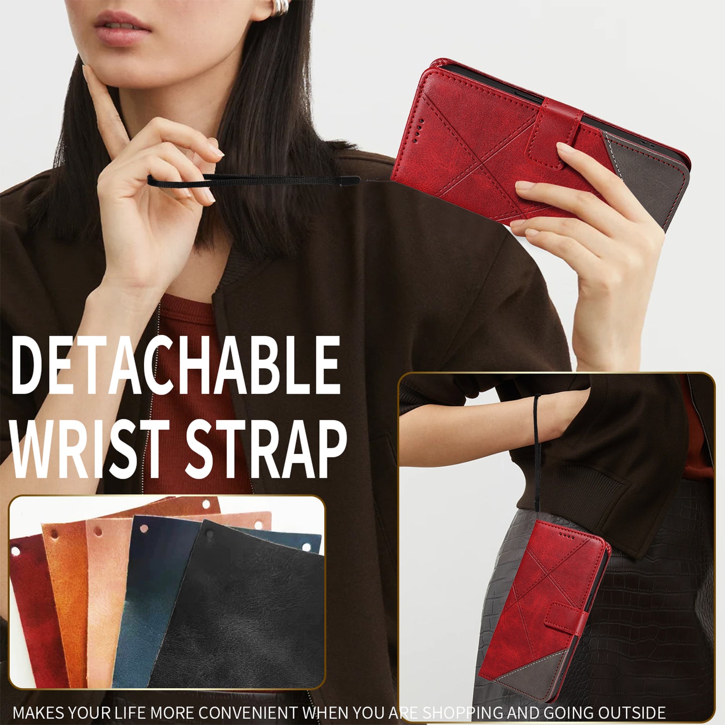 For Oppo Reno14 Pro 5G (China) / Oppo Reno14 Pro 5G (Global) Leather Case Geometric Line Design Wallet Phone Cover with Wrist Strap - Red