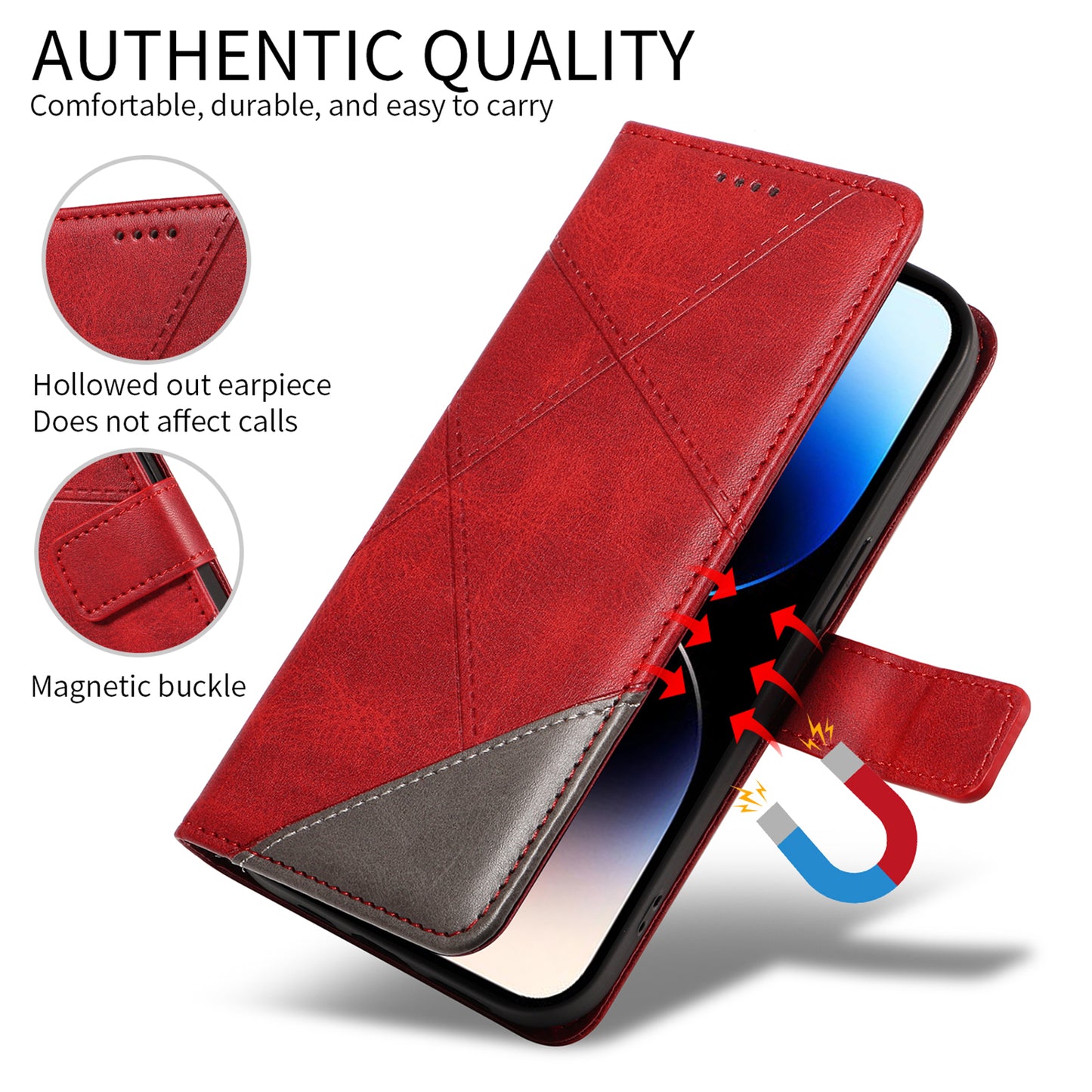 For Oppo Reno14 Pro 5G (China) / Oppo Reno14 Pro 5G (Global) Leather Case Geometric Line Design Wallet Phone Cover with Wrist Strap - Red