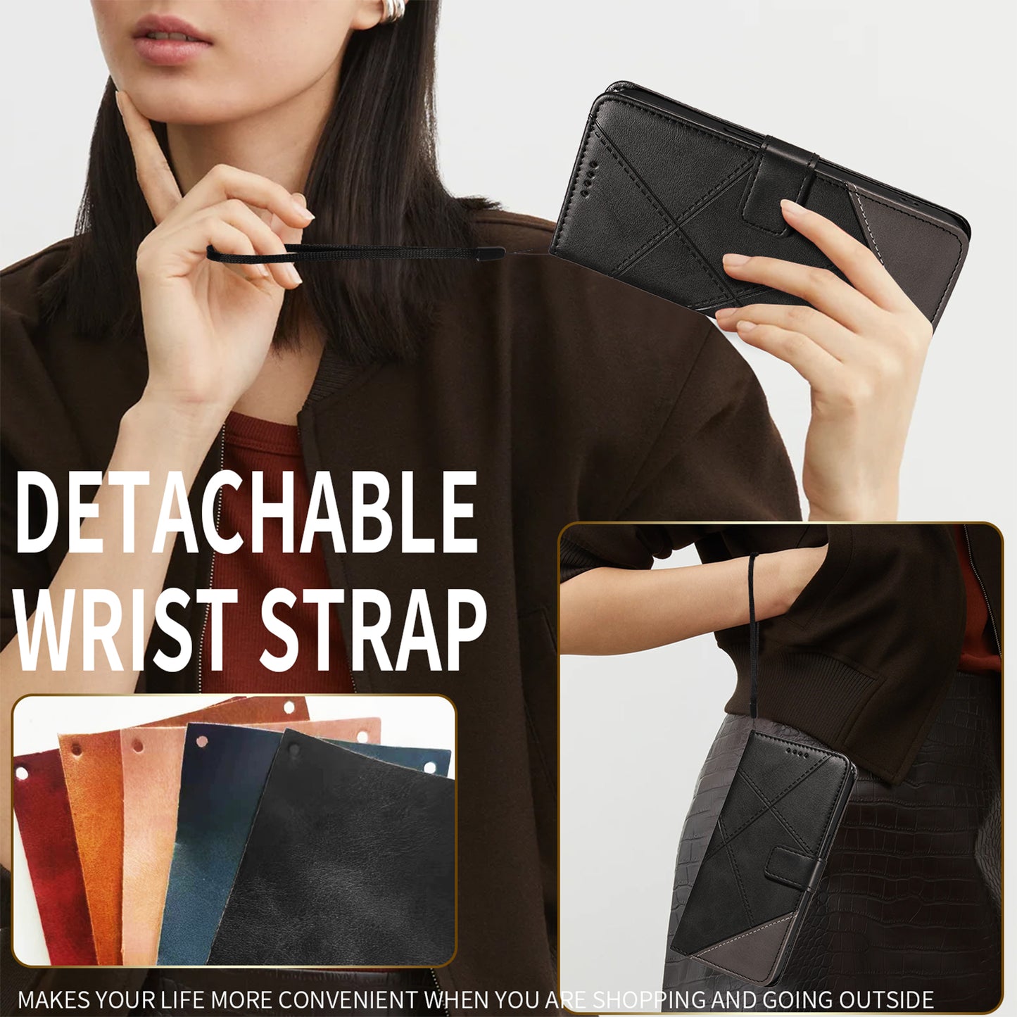 For Oppo Reno14 Pro 5G (China) / Oppo Reno14 Pro 5G (Global) Leather Case Geometric Line Design Wallet Phone Cover with Wrist Strap - Black