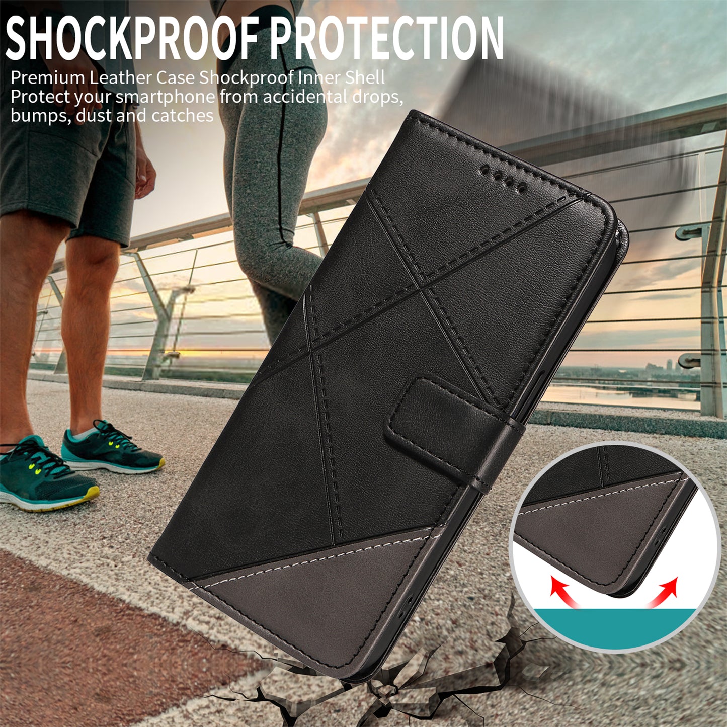 For Oppo Reno14 Pro 5G (China) / Oppo Reno14 Pro 5G (Global) Leather Case Geometric Line Design Wallet Phone Cover with Wrist Strap - Black