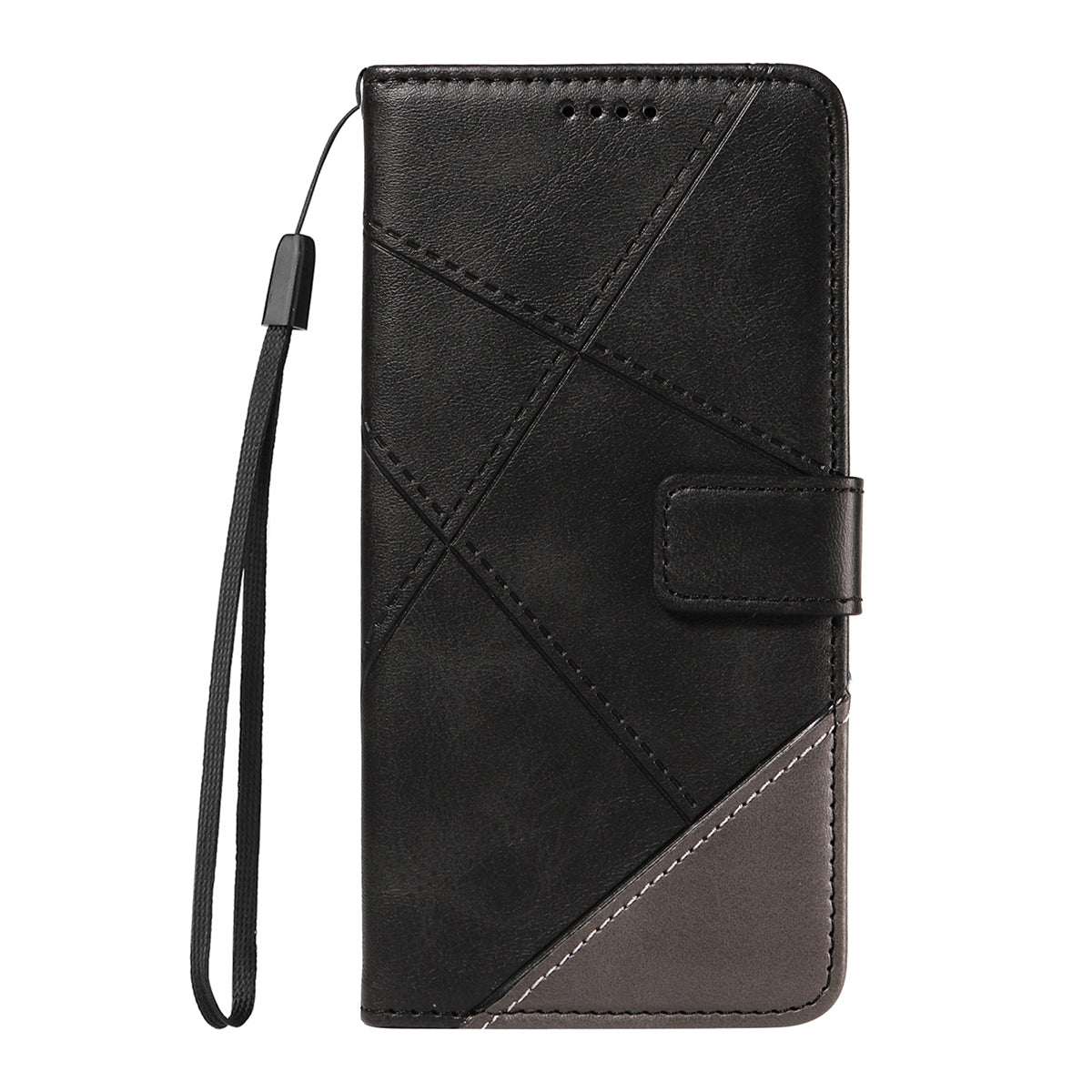 For Oppo Reno14 Pro 5G (China) / Oppo Reno14 Pro 5G (Global) Leather Case Geometric Line Design Wallet Phone Cover with Wrist Strap - Black