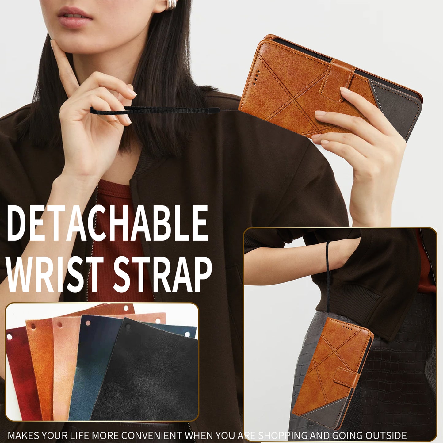 For Oppo Reno14 Pro 5G (China) / Oppo Reno14 Pro 5G (Global) Leather Case Geometric Line Design Wallet Phone Cover with Wrist Strap - Brown