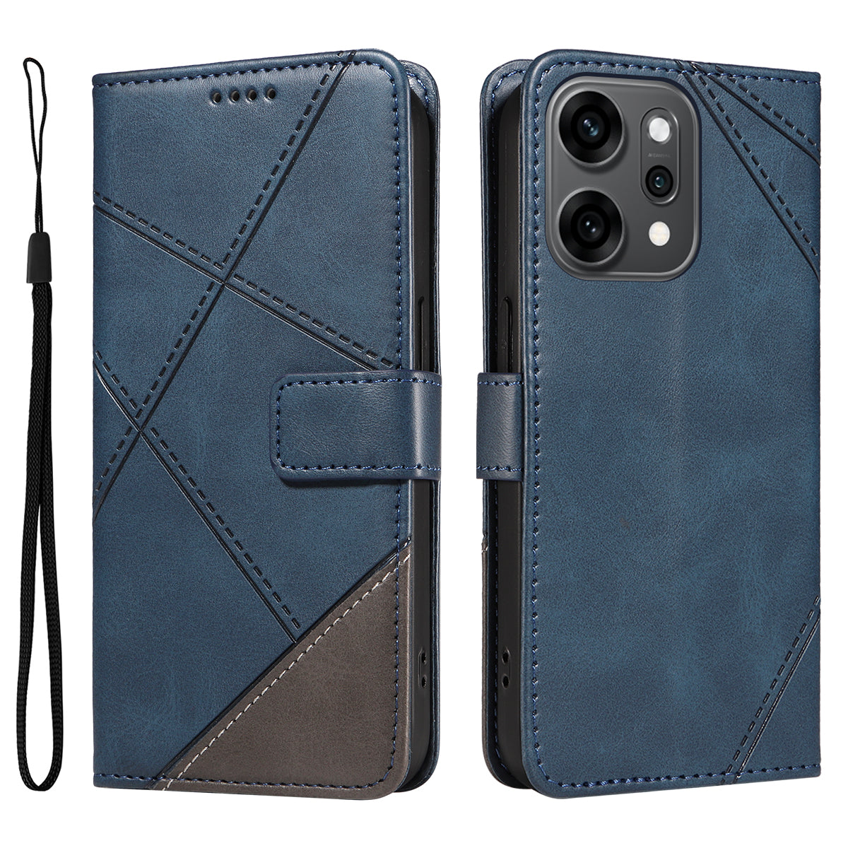 For Oppo Reno14 Pro 5G (China) / Oppo Reno14 Pro 5G (Global) Leather Case Geometric Line Design Wallet Phone Cover with Wrist Strap - Blue