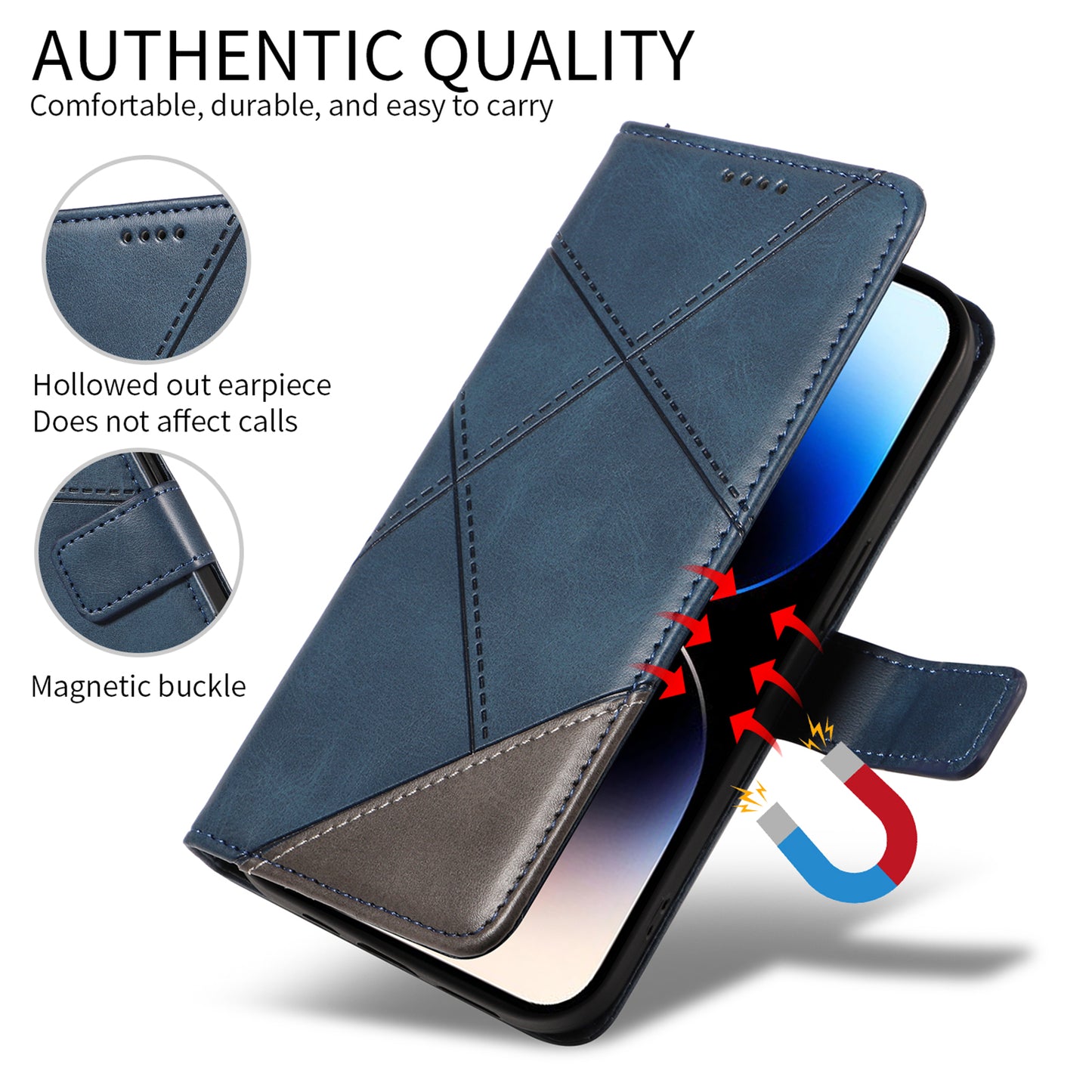 For Oppo Reno14 Pro 5G (China) / Oppo Reno14 Pro 5G (Global) Leather Case Geometric Line Design Wallet Phone Cover with Wrist Strap - Blue