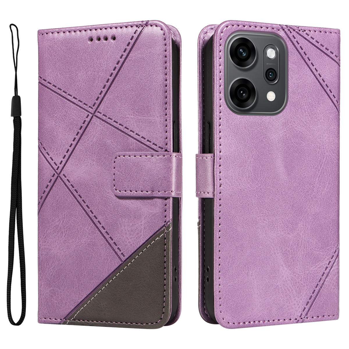 For Oppo Reno14 Pro 5G (China) / Oppo Reno14 Pro 5G (Global) Leather Case Geometric Line Design Wallet Phone Cover with Wrist Strap - Purple