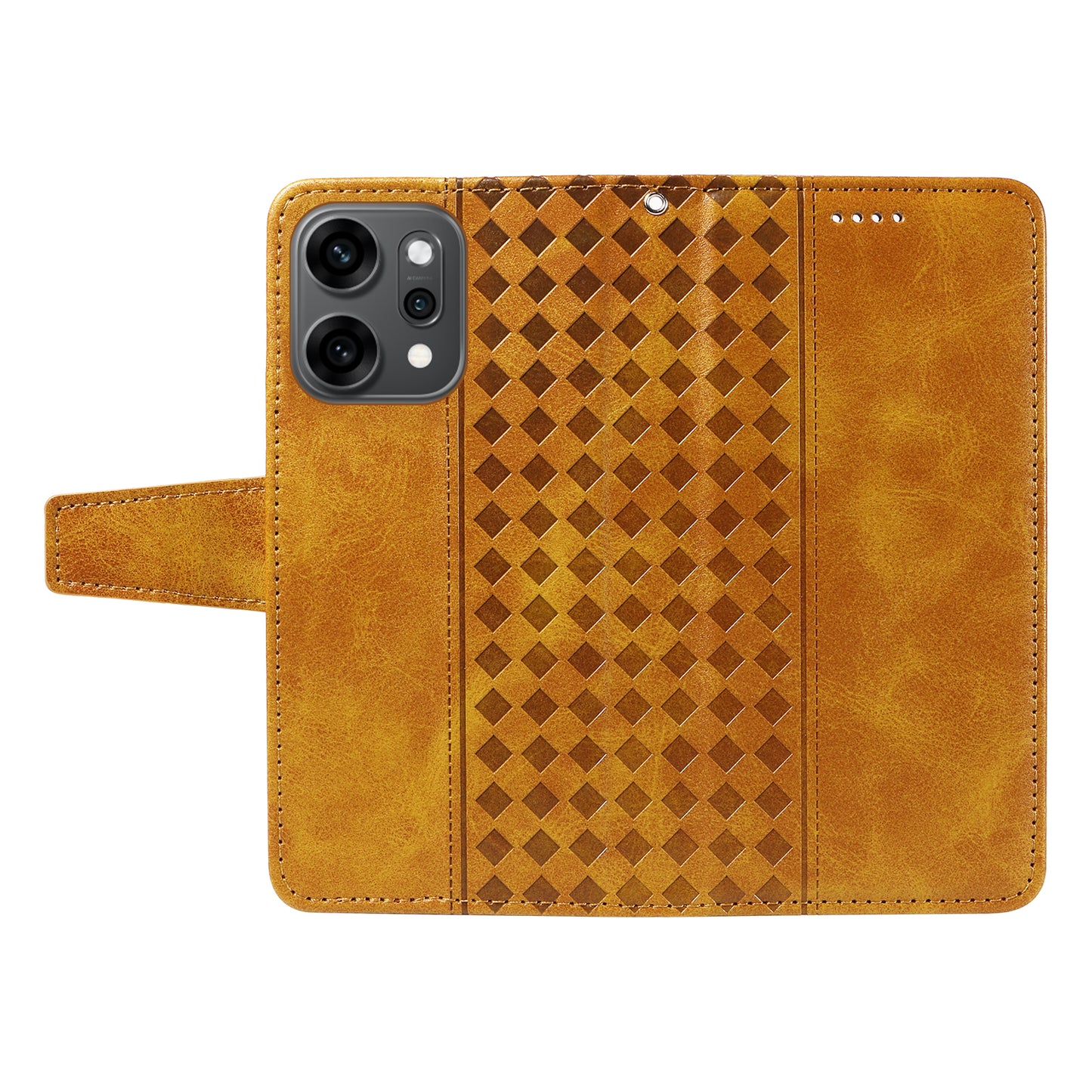For Oppo Reno14 Pro 5G (China) / Oppo Reno14 Pro 5G (Global) Leather Case Wallet Stand Grids Imprinted Phone Cover with Strap - Yellow
