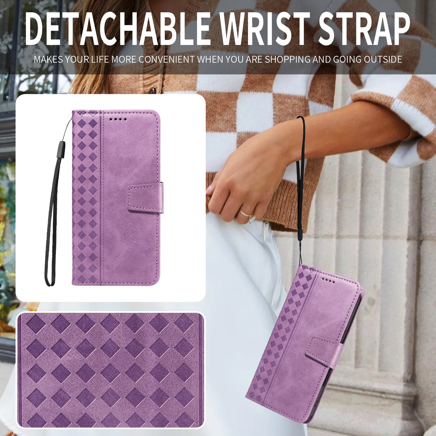 For Oppo Reno14 Pro 5G (China) / Oppo Reno14 Pro 5G (Global) Leather Case Wallet Stand Grids Imprinted Phone Cover with Strap - Light Purple