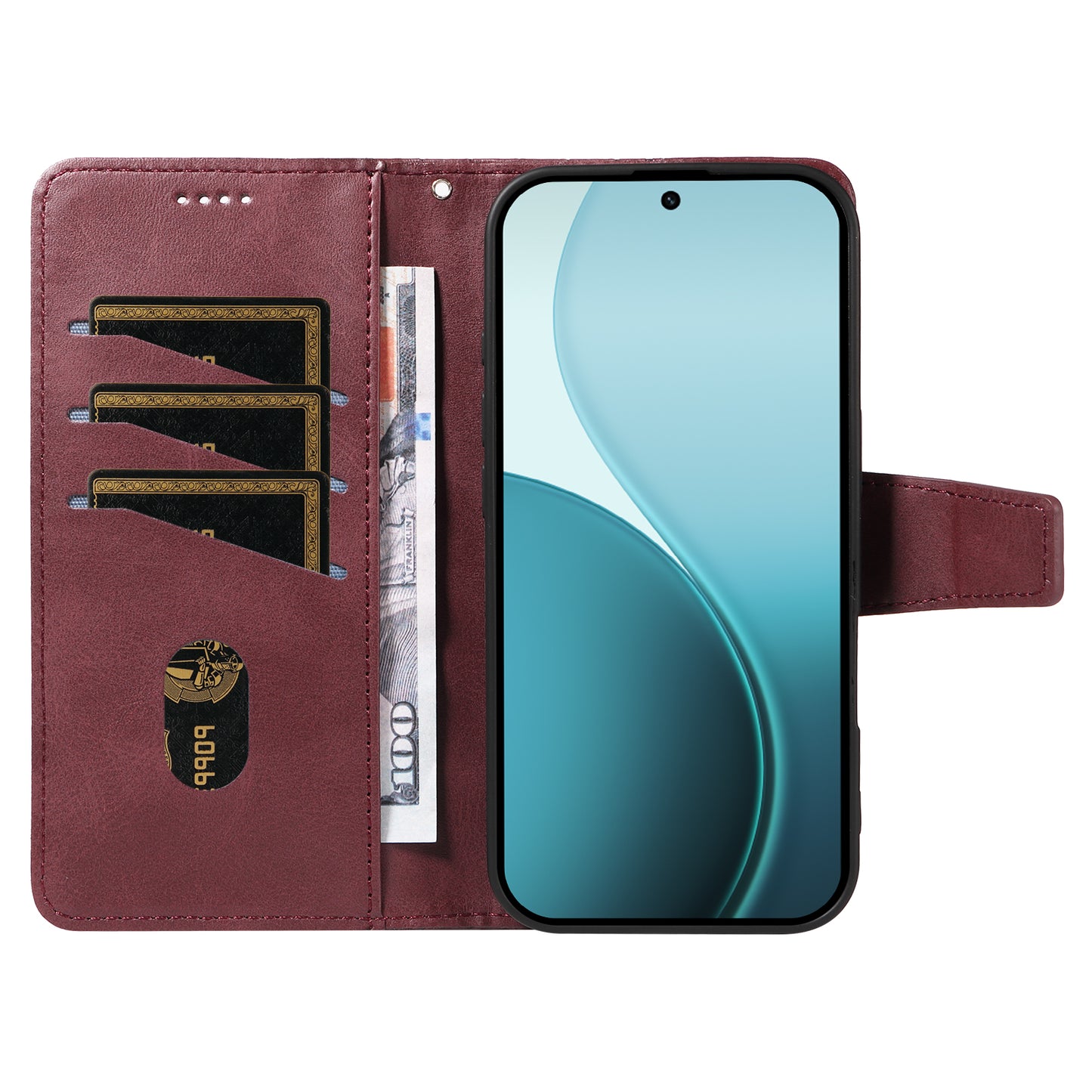 For Oppo Reno14 Pro 5G (China) / Oppo Reno14 Pro 5G (Global) Leather Case Wallet Stand Grids Imprinted Phone Cover with Strap - Wine Red