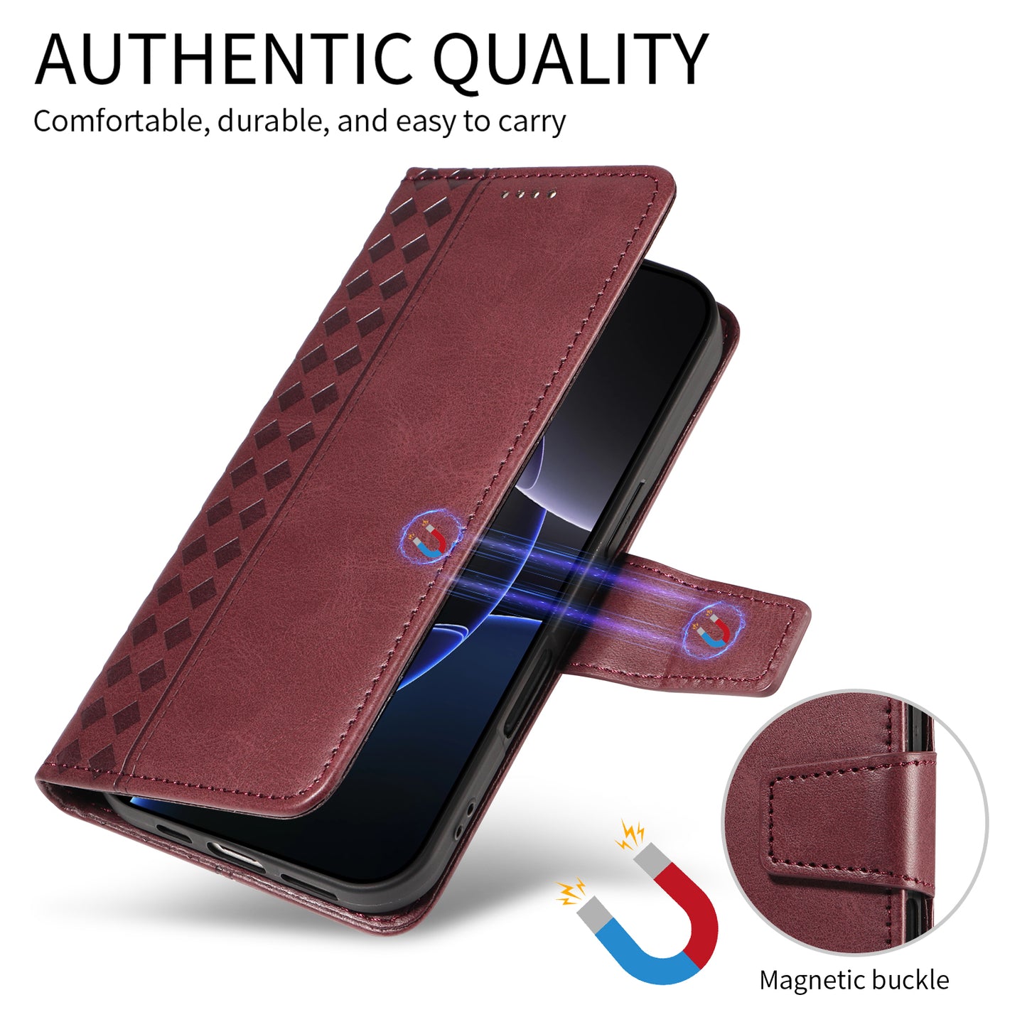 For Oppo Reno14 Pro 5G (China) / Oppo Reno14 Pro 5G (Global) Leather Case Wallet Stand Grids Imprinted Phone Cover with Strap - Wine Red