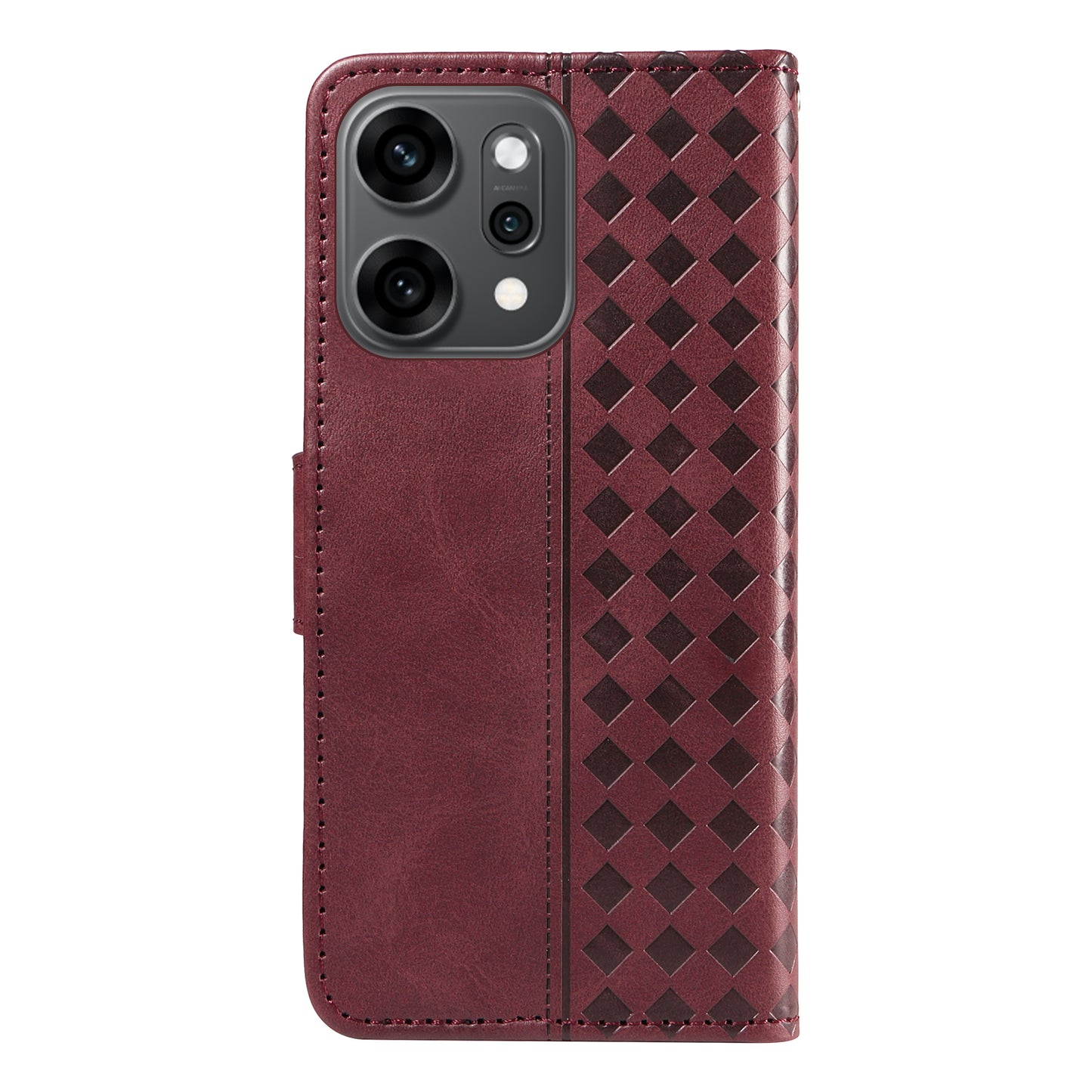 For Oppo Reno14 Pro 5G (China) / Oppo Reno14 Pro 5G (Global) Leather Case Wallet Stand Grids Imprinted Phone Cover with Strap - Wine Red
