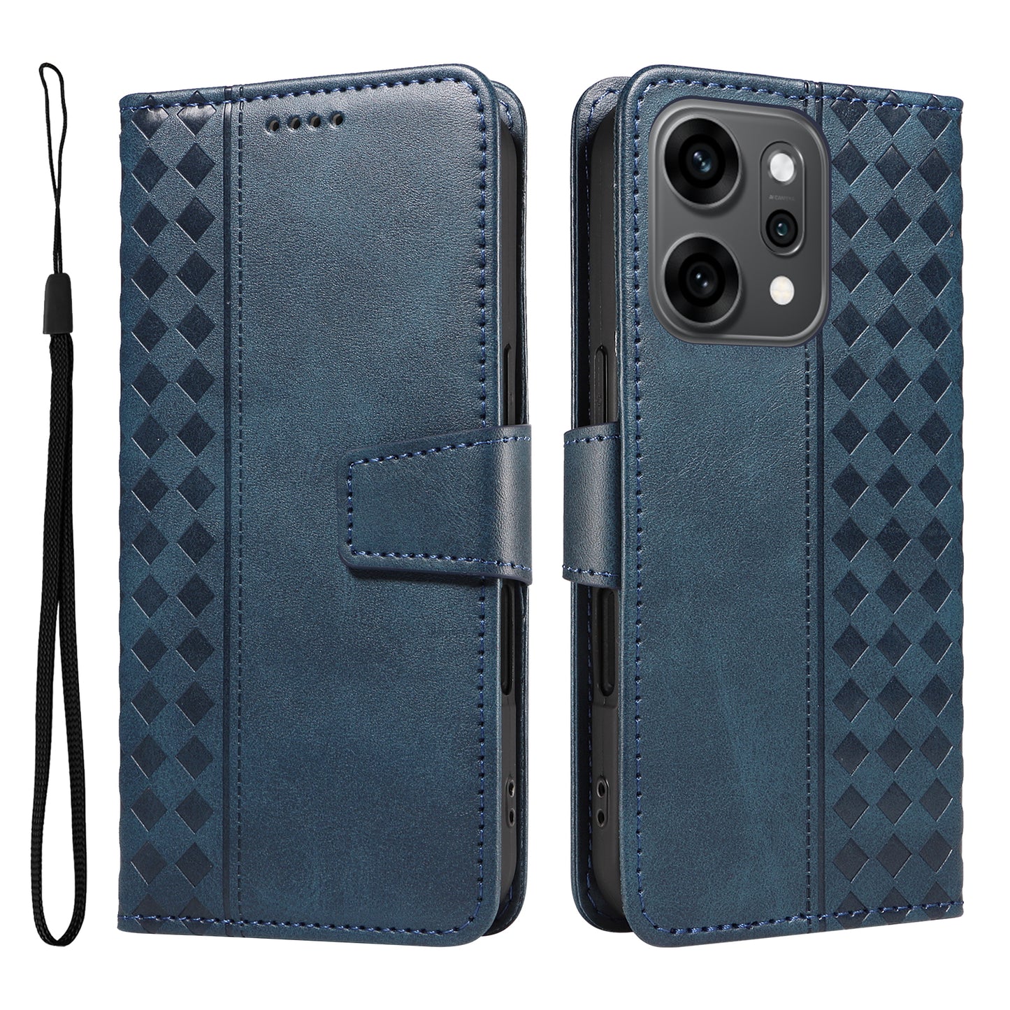 For Oppo Reno14 Pro 5G (China) / Oppo Reno14 Pro 5G (Global) Leather Case Wallet Stand Grids Imprinted Phone Cover with Strap - Blue