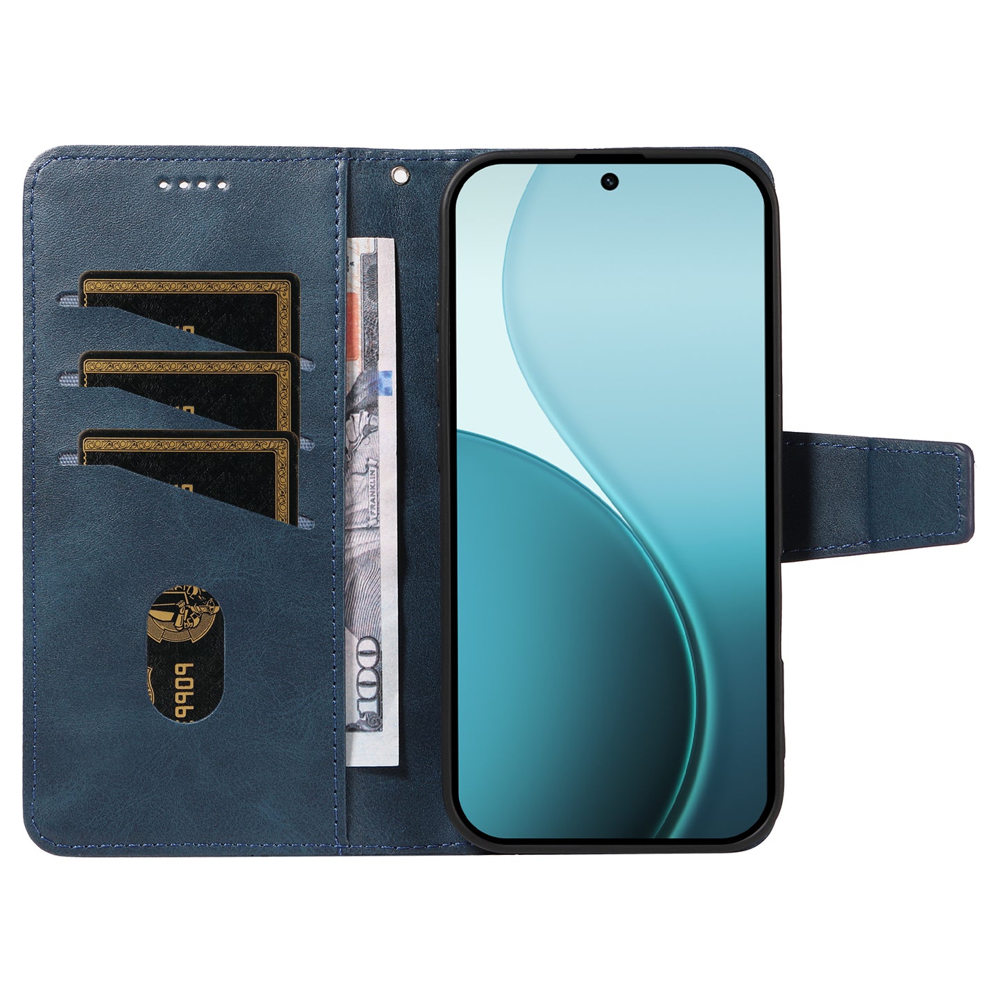 For Oppo Reno14 Pro 5G (China) / Oppo Reno14 Pro 5G (Global) Leather Case Wallet Stand Grids Imprinted Phone Cover with Strap - Blue