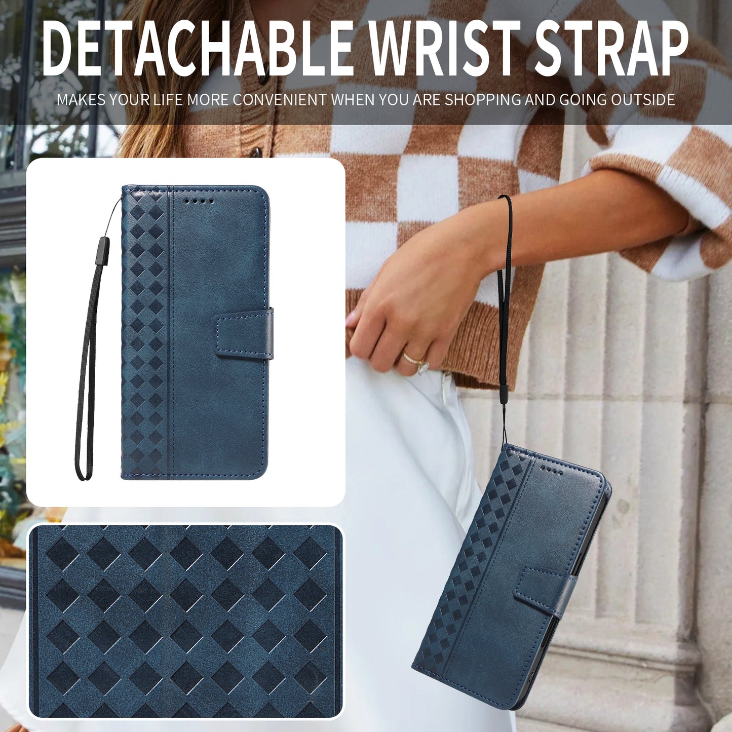 For Oppo Reno14 Pro 5G (China) / Oppo Reno14 Pro 5G (Global) Leather Case Wallet Stand Grids Imprinted Phone Cover with Strap - Blue