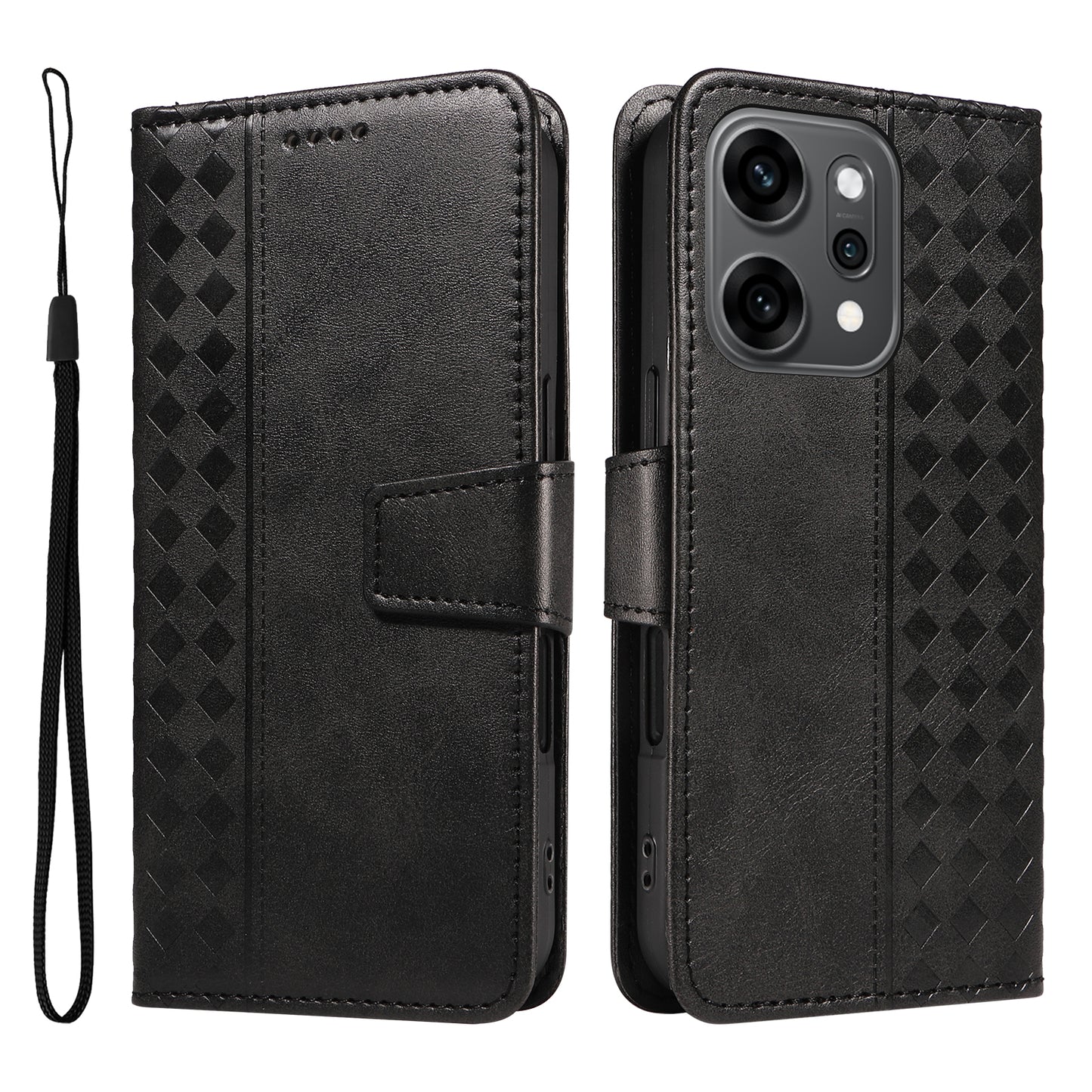 For Oppo Reno14 Pro 5G (China) / Oppo Reno14 Pro 5G (Global) Leather Case Wallet Stand Grids Imprinted Phone Cover with Strap - Black