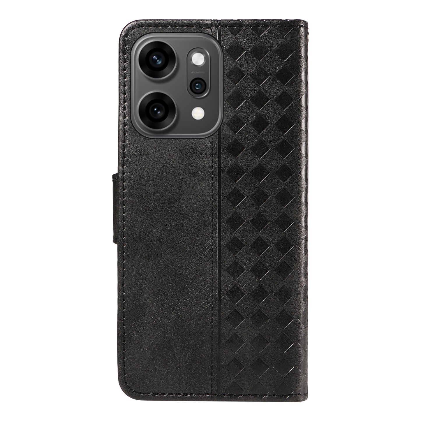 For Oppo Reno14 Pro 5G (China) / Oppo Reno14 Pro 5G (Global) Leather Case Wallet Stand Grids Imprinted Phone Cover with Strap - Black