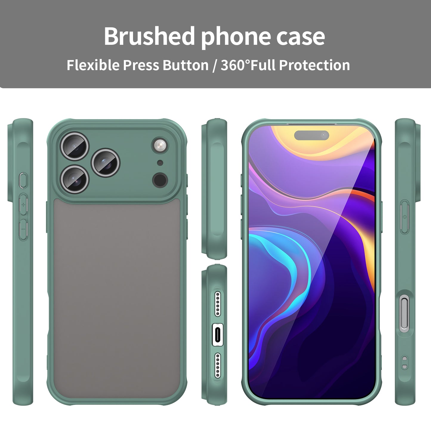 For iPhone 17 Pro Max Case with Screen Film WANLONFENG FD Series Skin Touch TPU PC Phone Back Cover - Green