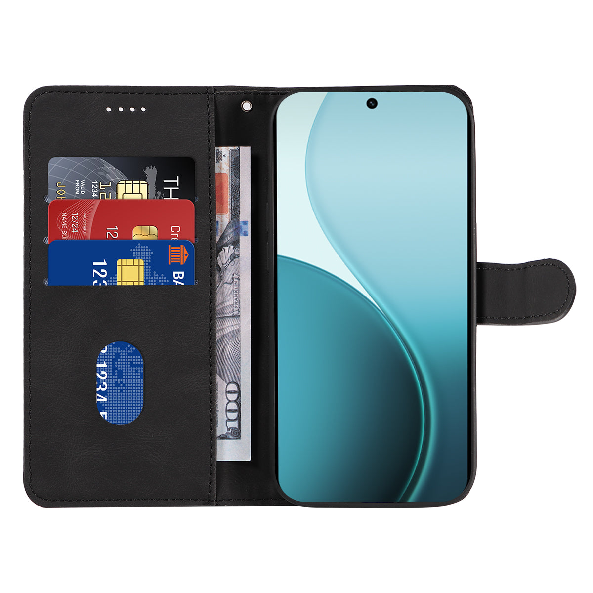 For Oppo Reno14 Pro 5G (China) / Oppo Reno14 Pro 5G (Global) Wallet Case Leather Phone Cover Stand with Curved Line Design - Black