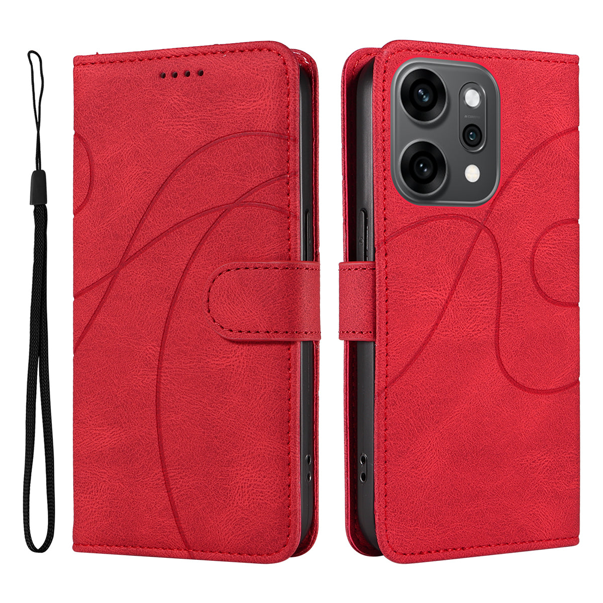 For Oppo Reno14 Pro 5G (China) / Oppo Reno14 Pro 5G (Global) Wallet Case Leather Phone Cover Stand with Curved Line Design - Red