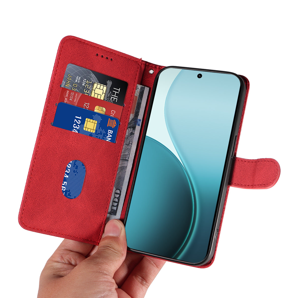 For Oppo Reno14 Pro 5G (China) / Oppo Reno14 Pro 5G (Global) Wallet Case Leather Phone Cover Stand with Curved Line Design - Red
