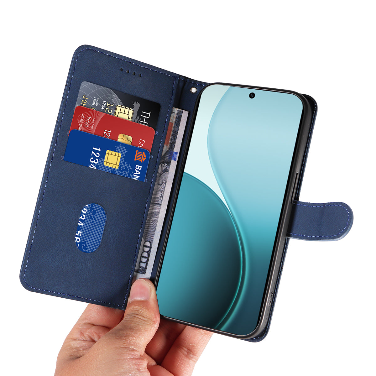 For Oppo Reno14 Pro 5G (China) / Oppo Reno14 Pro 5G (Global) Wallet Case Leather Phone Cover Stand with Curved Line Design - Blue