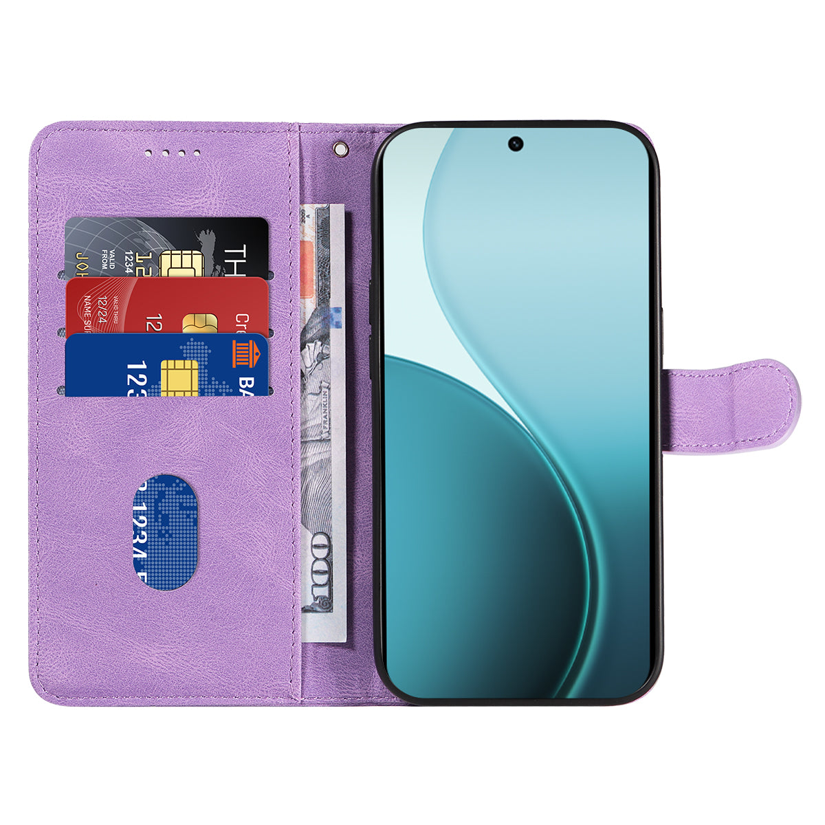 For Oppo Reno14 Pro 5G (China) / Oppo Reno14 Pro 5G (Global) Wallet Case Leather Phone Cover Stand with Curved Line Design - Light Purple
