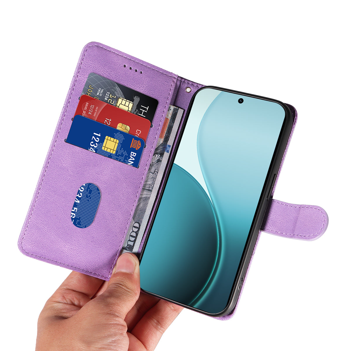For Oppo Reno14 Pro 5G (China) / Oppo Reno14 Pro 5G (Global) Wallet Case Leather Phone Cover Stand with Curved Line Design - Light Purple