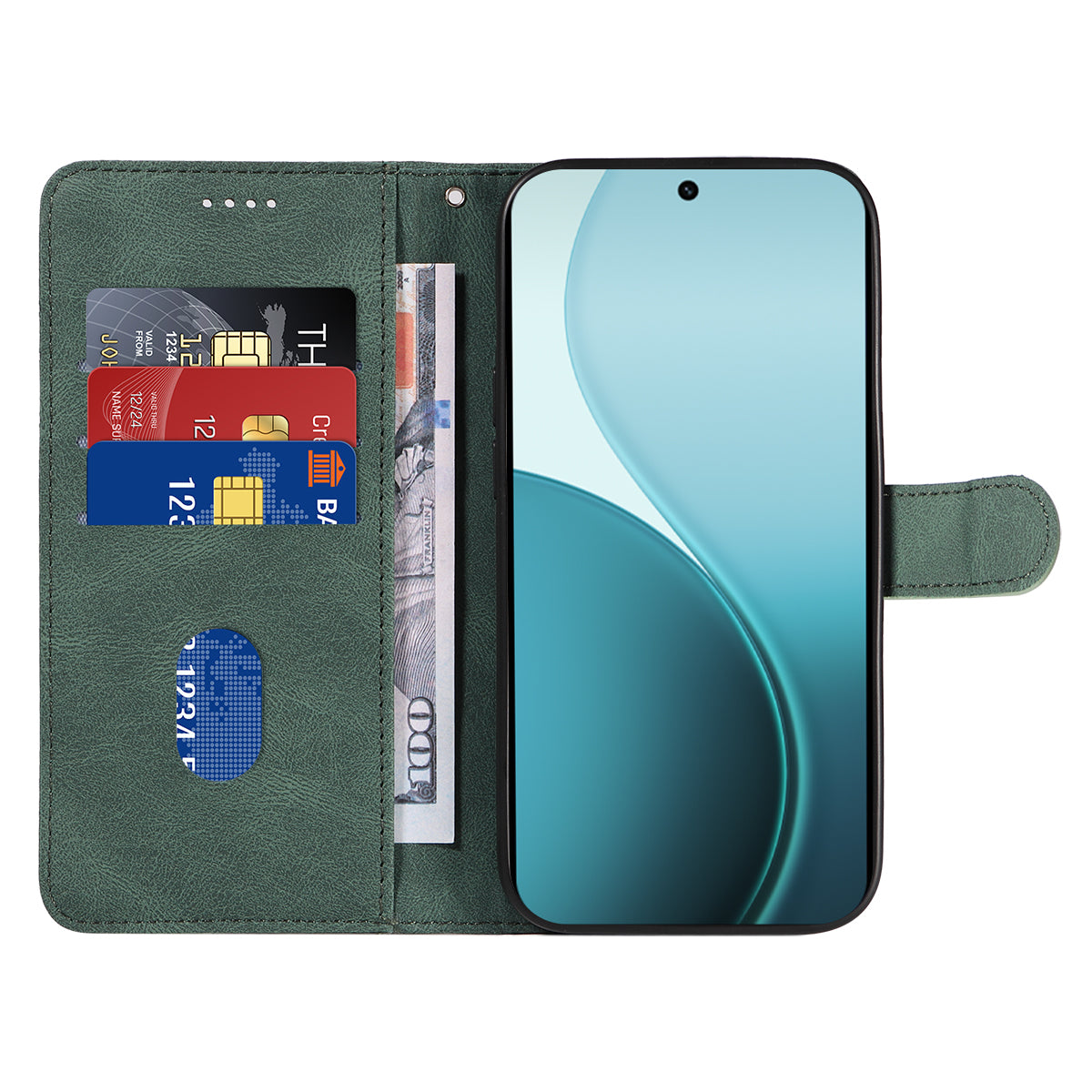 For Oppo Reno14 Pro 5G (China) / Oppo Reno14 Pro 5G (Global) Wallet Case Leather Phone Cover Stand with Curved Line Design - Green