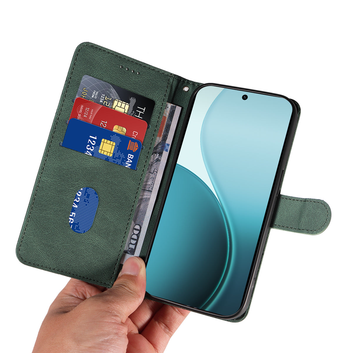 For Oppo Reno14 Pro 5G (China) / Oppo Reno14 Pro 5G (Global) Wallet Case Leather Phone Cover Stand with Curved Line Design - Green