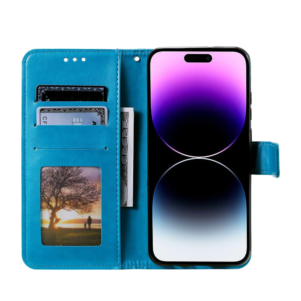 For iPhone 17 Pro Max Stand Case Imprinted Totem PU Leather Wallet Phone Cover with Wrist Strap - Blue