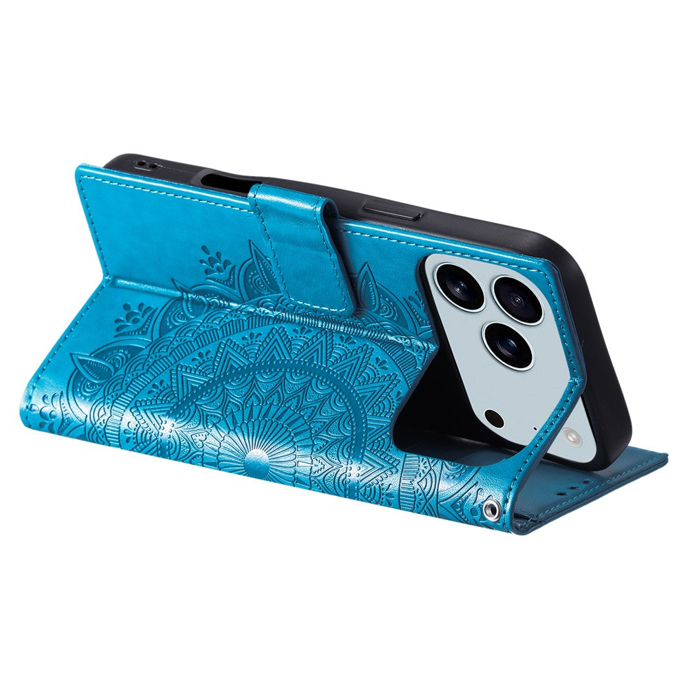For iPhone 17 Pro Max Stand Case Imprinted Totem PU Leather Wallet Phone Cover with Wrist Strap - Blue