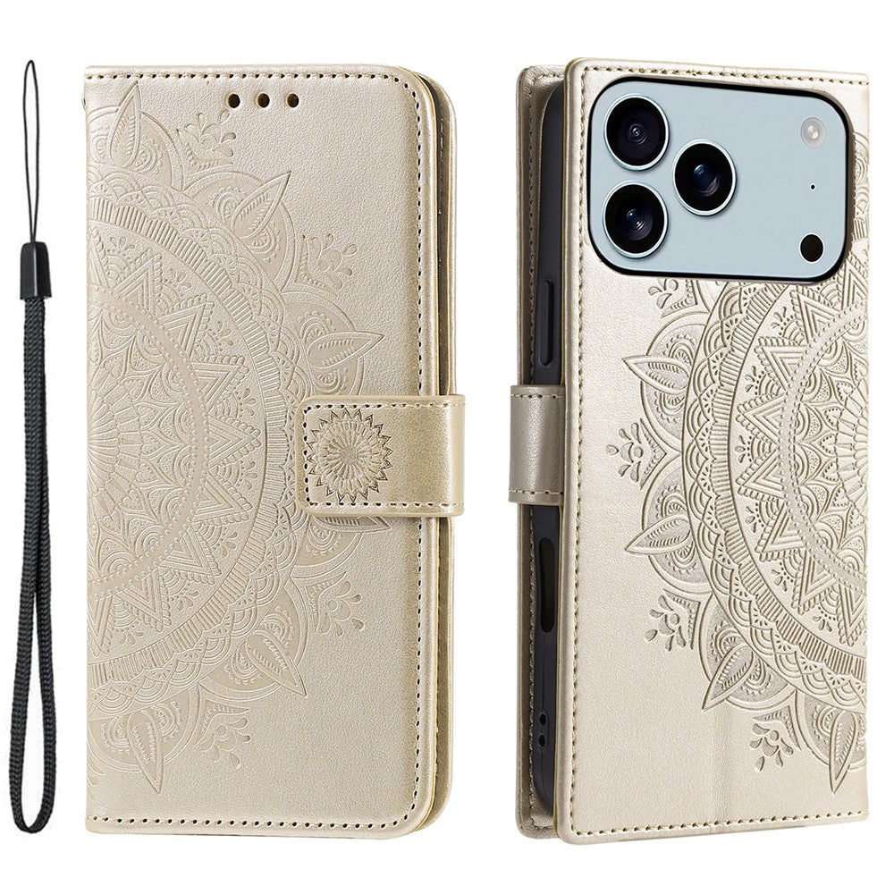 For iPhone 17 Pro Max Stand Case Imprinted Totem PU Leather Wallet Phone Cover with Wrist Strap - Gold
