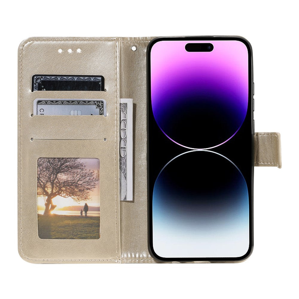 For iPhone 17 Pro Max Stand Case Imprinted Totem PU Leather Wallet Phone Cover with Wrist Strap - Gold