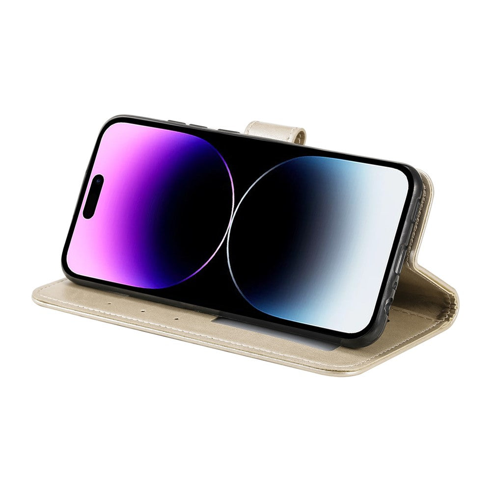 For iPhone 17 Pro Max Stand Case Imprinted Totem PU Leather Wallet Phone Cover with Wrist Strap - Gold