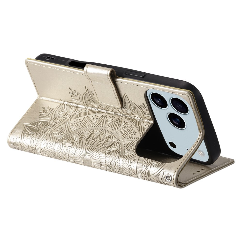 For iPhone 17 Pro Max Stand Case Imprinted Totem PU Leather Wallet Phone Cover with Wrist Strap - Gold