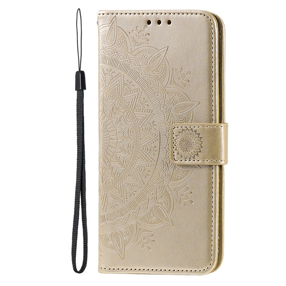 For iPhone 17 Pro Max Stand Case Imprinted Totem PU Leather Wallet Phone Cover with Wrist Strap - Gold