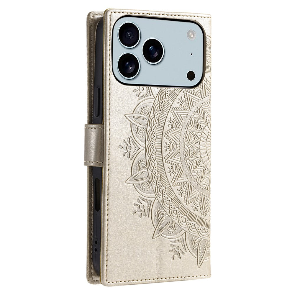 For iPhone 17 Pro Max Stand Case Imprinted Totem PU Leather Wallet Phone Cover with Wrist Strap - Gold