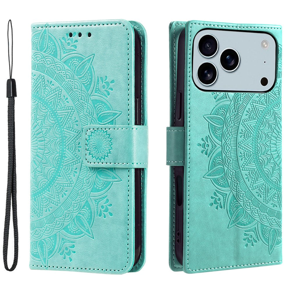 For iPhone 17 Pro Max Stand Case Imprinted Totem PU Leather Wallet Phone Cover with Wrist Strap - Mint Green