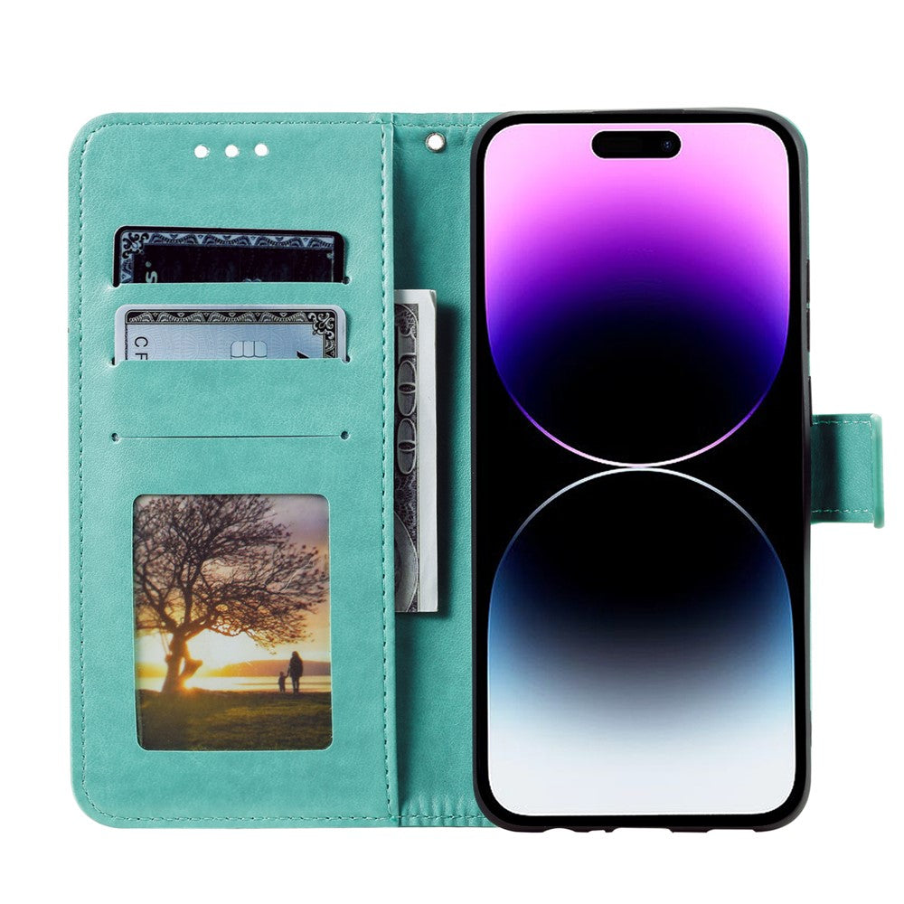 For iPhone 17 Pro Max Stand Case Imprinted Totem PU Leather Wallet Phone Cover with Wrist Strap - Mint Green