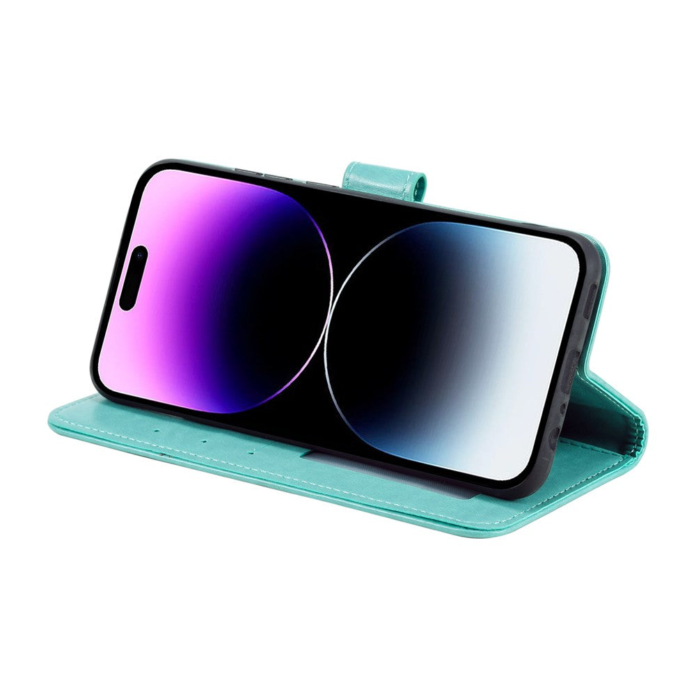 For iPhone 17 Pro Max Stand Case Imprinted Totem PU Leather Wallet Phone Cover with Wrist Strap - Mint Green