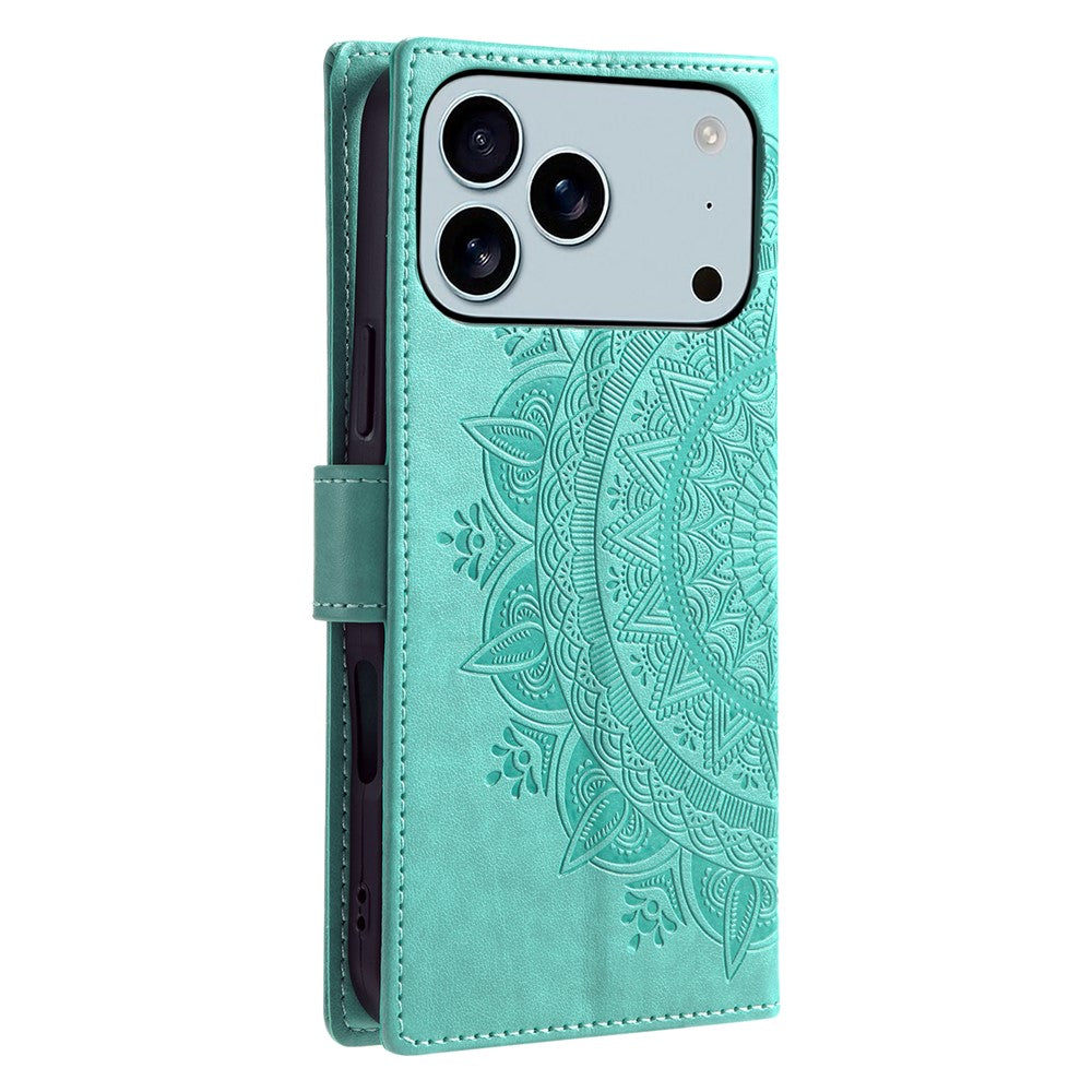For iPhone 17 Pro Max Stand Case Imprinted Totem PU Leather Wallet Phone Cover with Wrist Strap - Mint Green