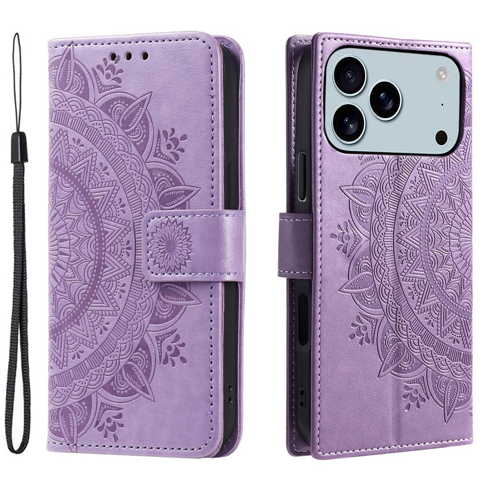 For iPhone 17 Pro Max Stand Case Imprinted Totem PU Leather Wallet Phone Cover with Wrist Strap - Purple