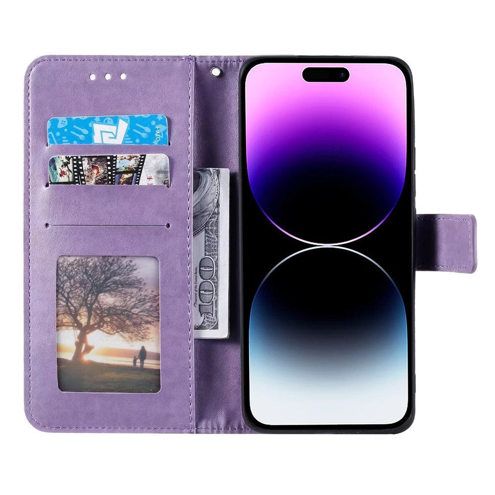 For iPhone 17 Pro Max Stand Case Imprinted Totem PU Leather Wallet Phone Cover with Wrist Strap - Purple