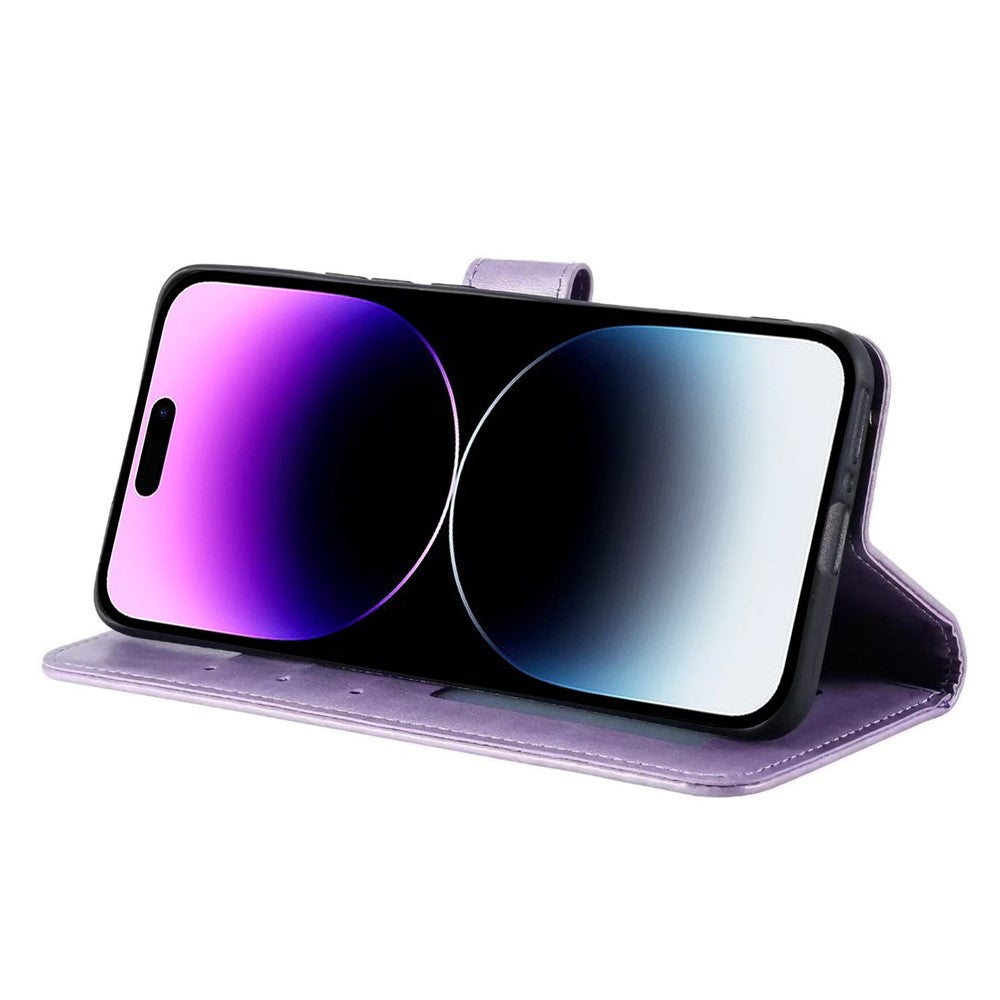 For iPhone 17 Pro Max Stand Case Imprinted Totem PU Leather Wallet Phone Cover with Wrist Strap - Purple