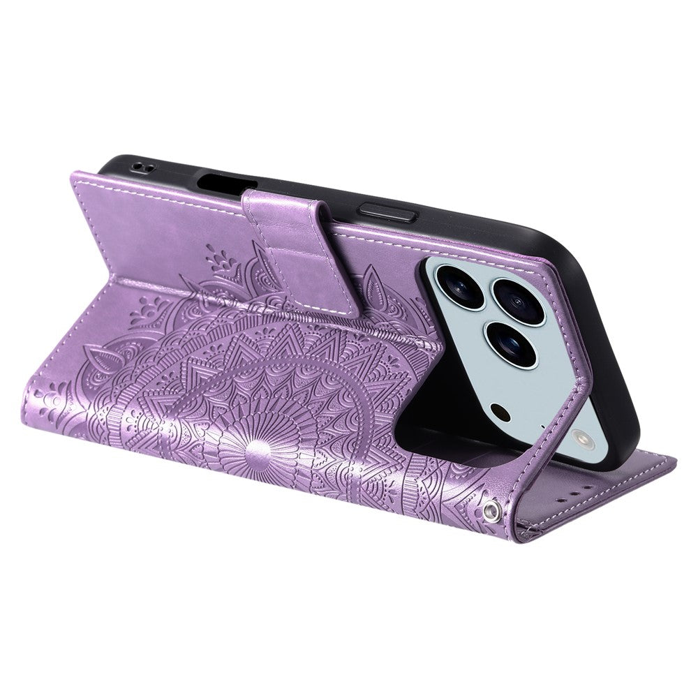For iPhone 17 Pro Max Stand Case Imprinted Totem PU Leather Wallet Phone Cover with Wrist Strap - Purple