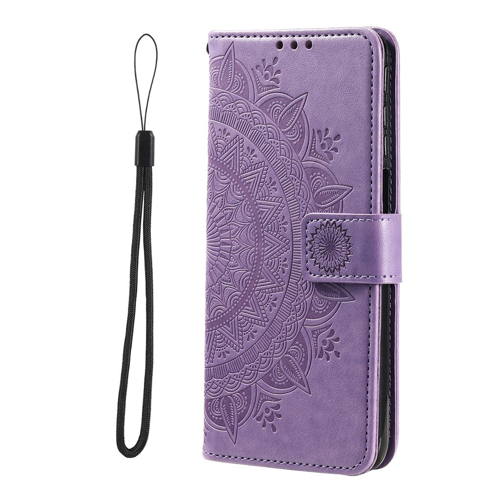 For iPhone 17 Pro Max Stand Case Imprinted Totem PU Leather Wallet Phone Cover with Wrist Strap - Purple