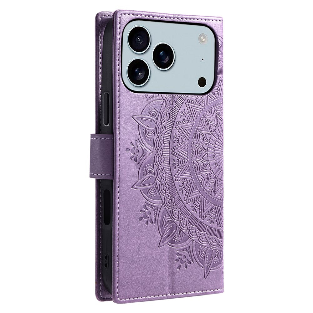 For iPhone 17 Pro Max Stand Case Imprinted Totem PU Leather Wallet Phone Cover with Wrist Strap - Purple