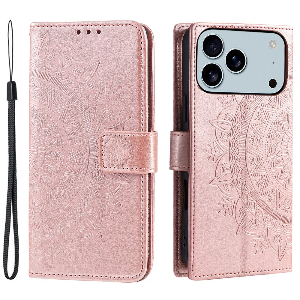For iPhone 17 Pro Max Stand Case Imprinted Totem PU Leather Wallet Phone Cover with Wrist Strap - Rose Gold