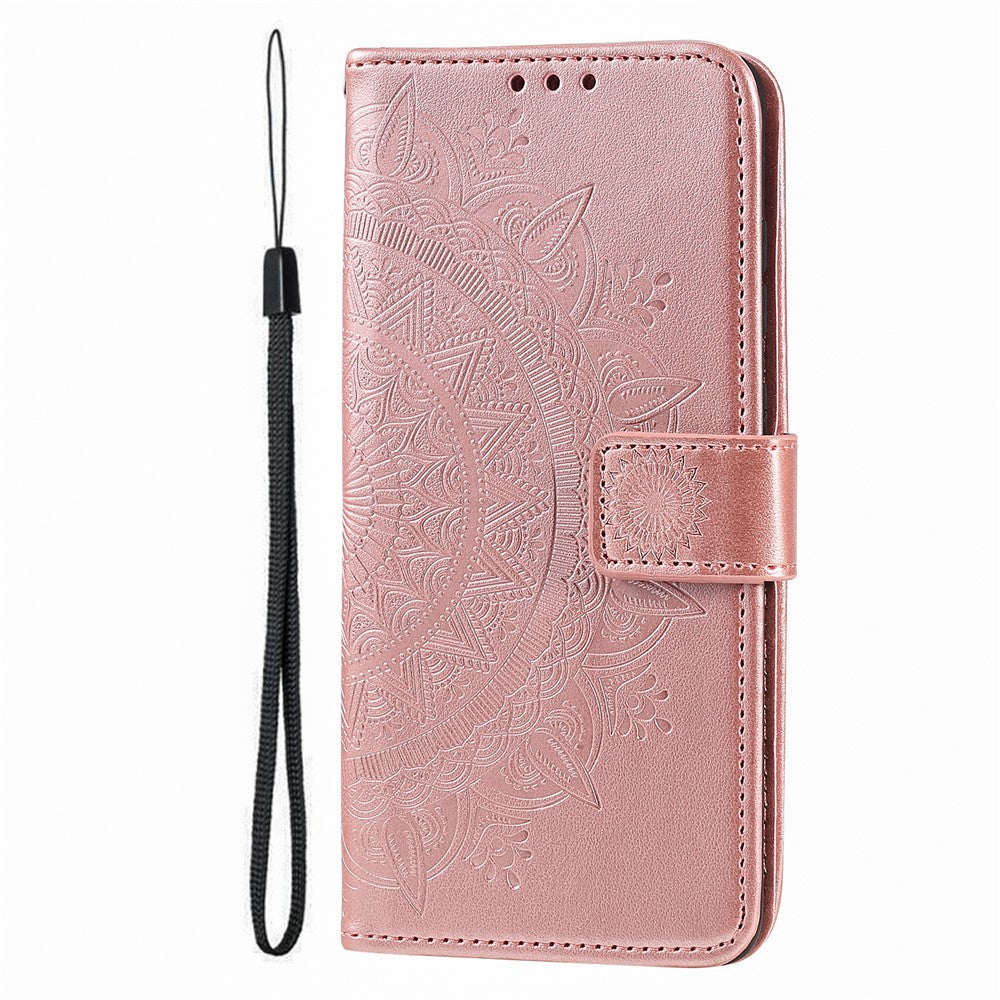 For iPhone 17 Pro Max Stand Case Imprinted Totem PU Leather Wallet Phone Cover with Wrist Strap - Rose Gold
